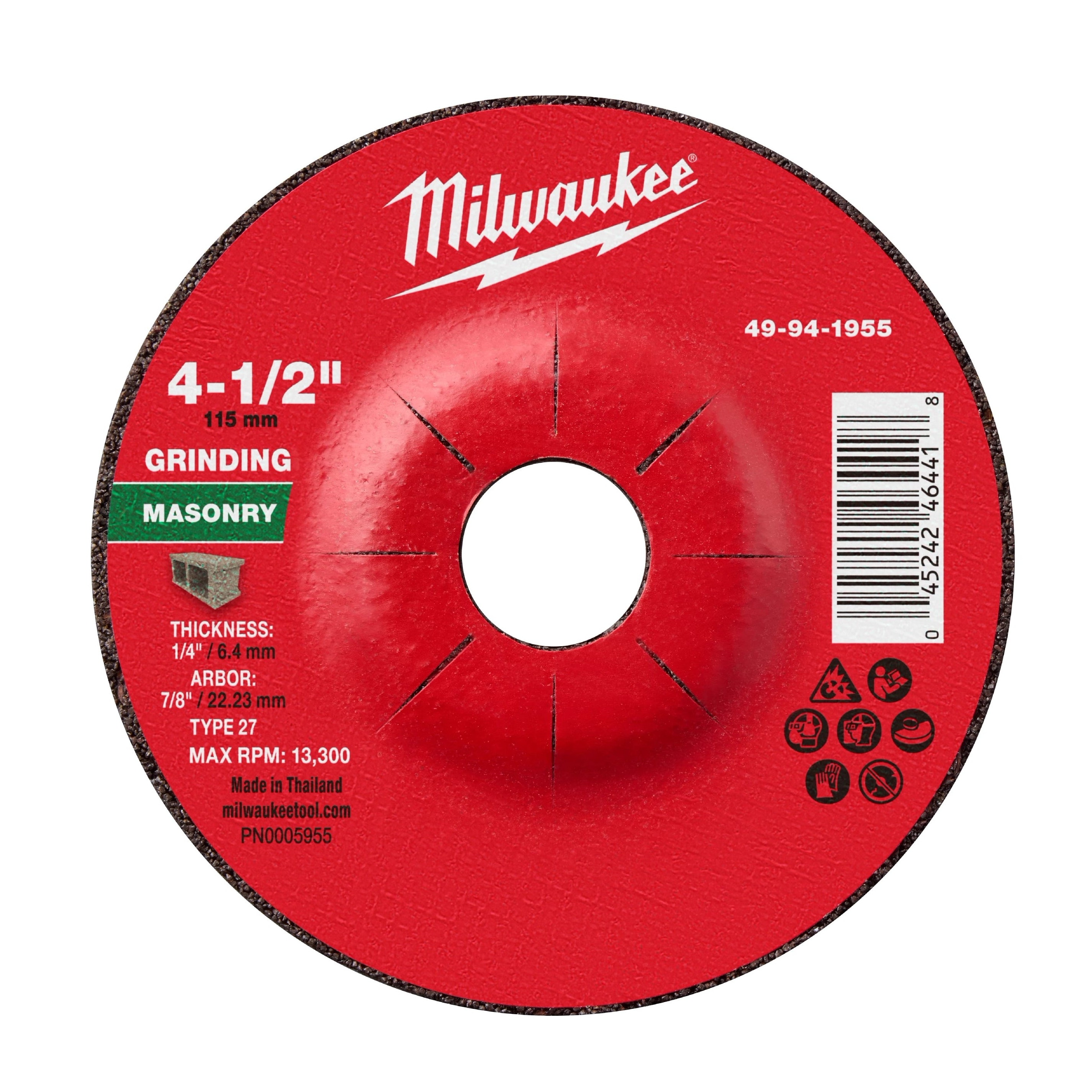 Milwaukee 49-94-1955 4-1/2" x 1/4" x 7/8" Masonry Grinding Wheel - Type 27