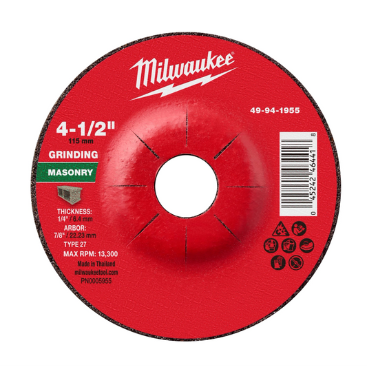 Milwaukee 49-94-1955 4-1/2" x 1/4" x 7/8" Masonry Grinding Wheel - Type 27