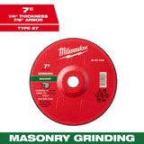 Milwaukee 49-94-1965 7" x 1/4" x 7/8" Masonry Grinding Wheel - Type 27