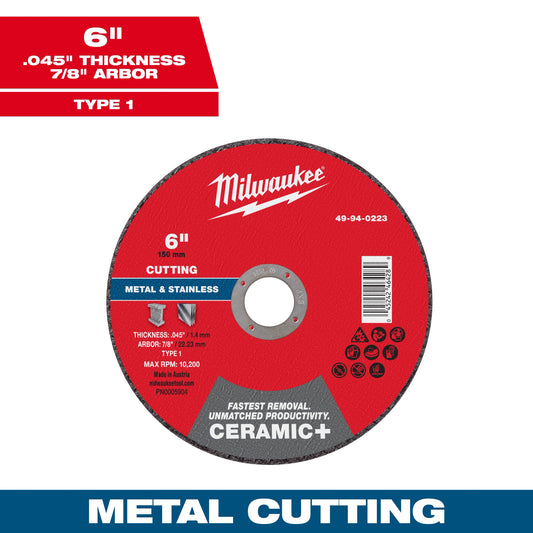 Milwaukee 49-94-0223 6" x .045" x 7/8" Ceramic+ Metal Cut Off Wheel - Type 1