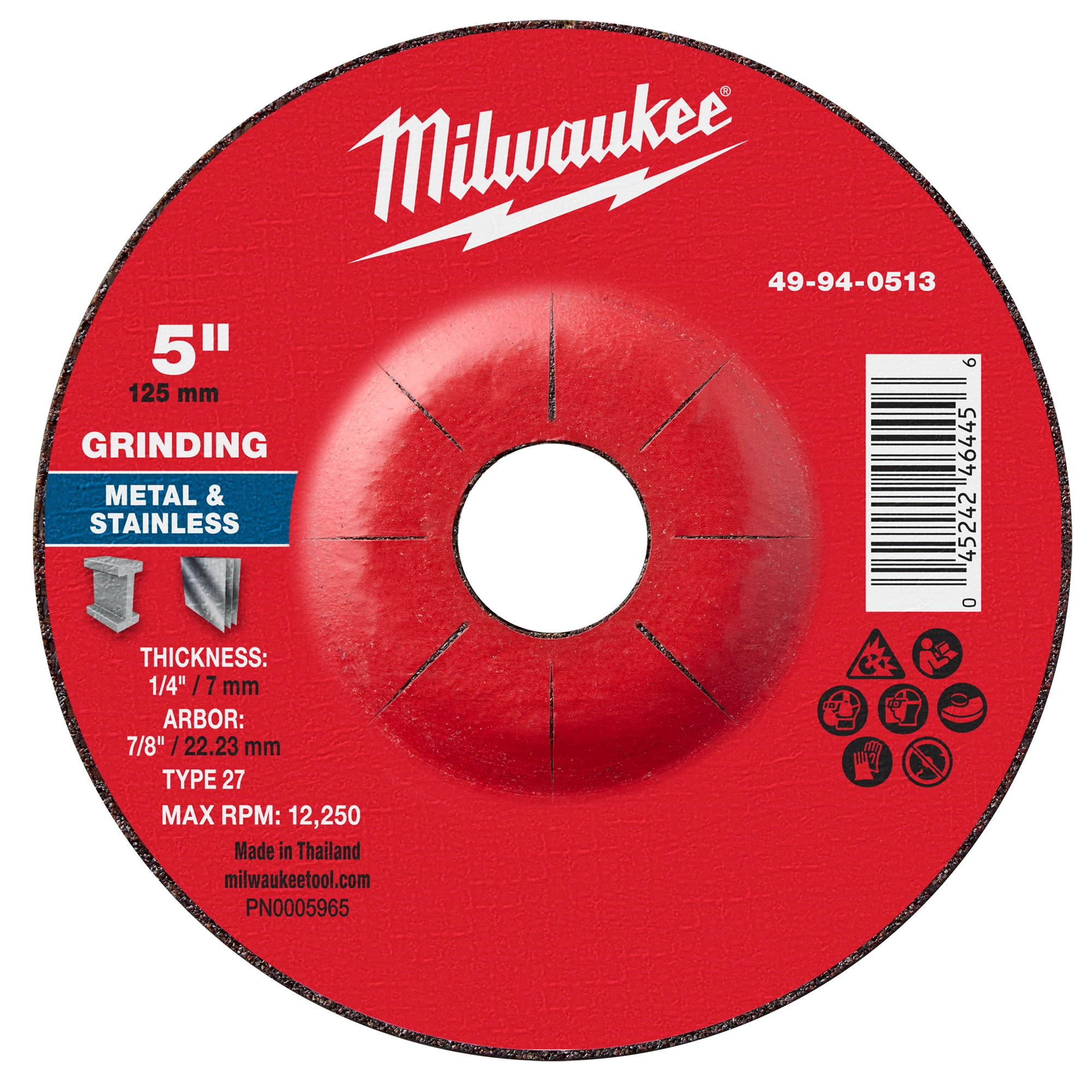 Milwaukee 49-94-0513 5" x 1/4" x 7/8" Metal Grinding Wheel - Type 27