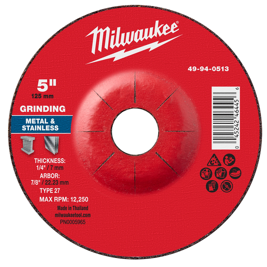 Milwaukee 49-94-0513 5" x 1/4" x 7/8" Metal Grinding Wheel - Type 27
