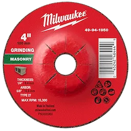 Milwaukee 49-94-1950 4" x 1/4" x 5/8" Masonry Grinding Wheel - Type 27