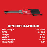 Milwaukee Tool, 2569-20, Ratchet, Cordless, 3/8 in, 12V, 420 in-lbs Torque, 450 RPM, Extended Reach