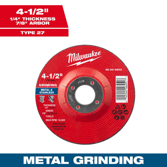 Milwaukee 49-94-0503 4-1/2" x 1/4" x 7/8" Metal Grinding Wheel - Type 27