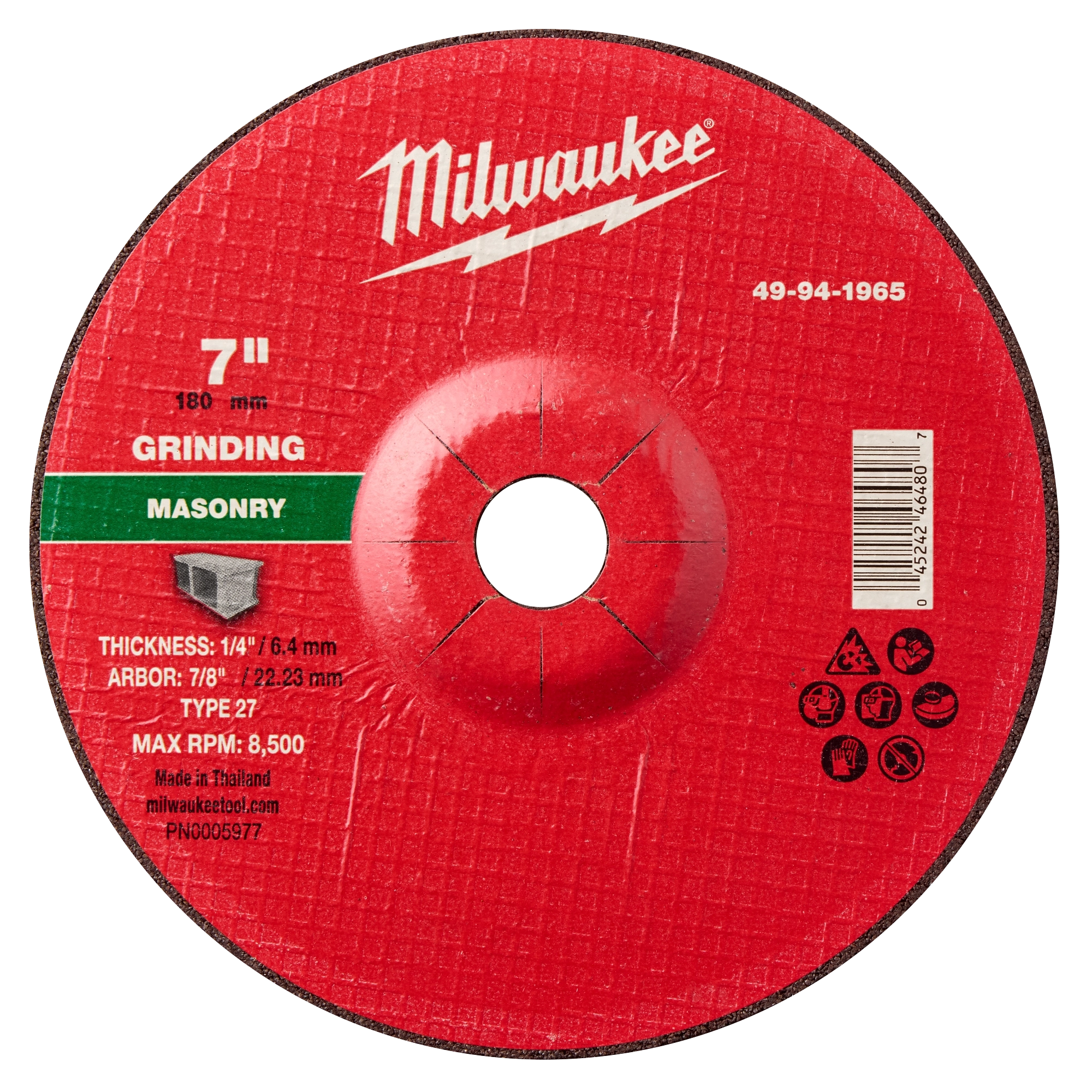 Milwaukee 49-94-1965 7" x 1/4" x 7/8" Masonry Grinding Wheel - Type 27