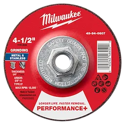 Milwaukee 49-94-0607 4-1/2" x 1/4" x 5/8"-11 Performance+ Metal Grinding Wheel - Type 27