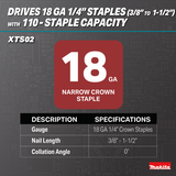 Makita XTS02Z 18V LXT® Lithium‑Ion Brushless Cordless 1/4” Narrow Crown Stapler, 18 Ga., Tool Only