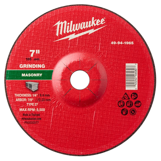 7" x 1/4" x 7/8" Masonry Grinding Wheel - Type 27, with maximum RPM of 8,500 and arbor size of 7/8".