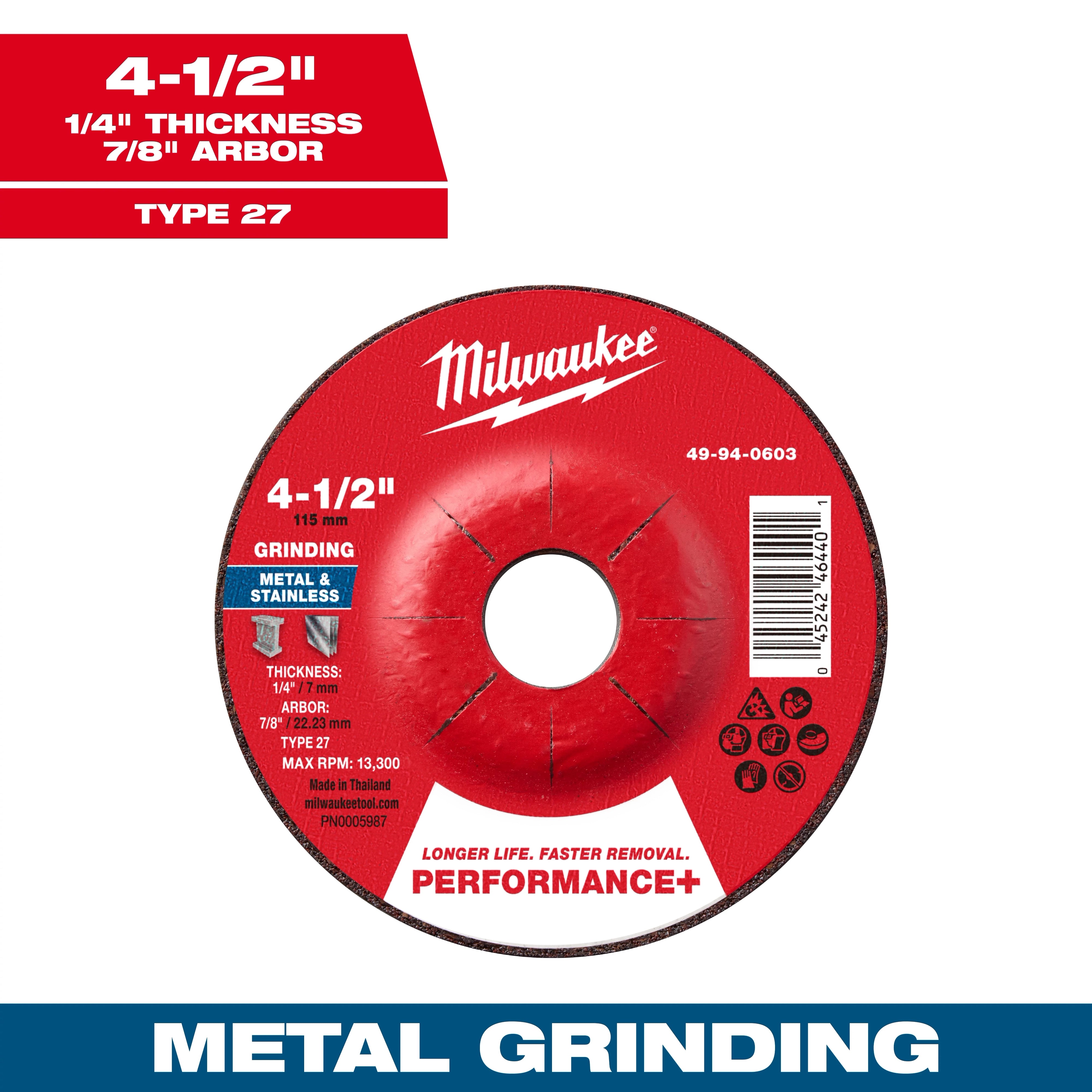 Milwaukee 49-94-0603 4-1/2" x 1/4" x 7/8" Performance+ Metal Grinding Wheel - Type 27