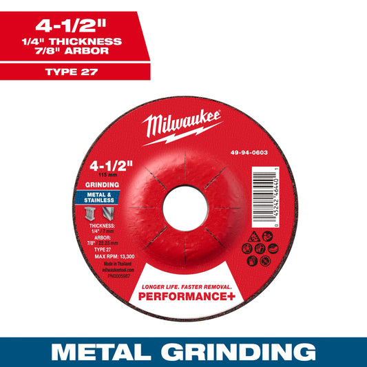 Milwaukee 49-94-0603 4-1/2" x 1/4" x 7/8" Performance+ Metal Grinding Wheel - Type 27