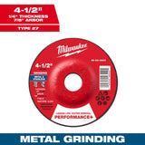Milwaukee 49-94-0603 4-1/2" x 1/4" x 7/8" Performance+ Metal Grinding Wheel - Type 27