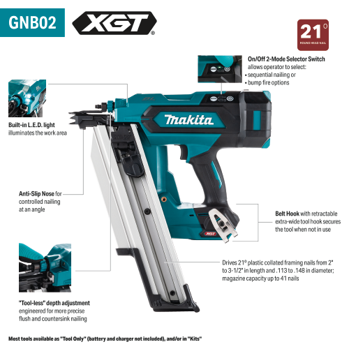 40V max XGT® Brushless Cordless 21º Full Round Head 3‑1/2" Framing Nailer, Tool Only