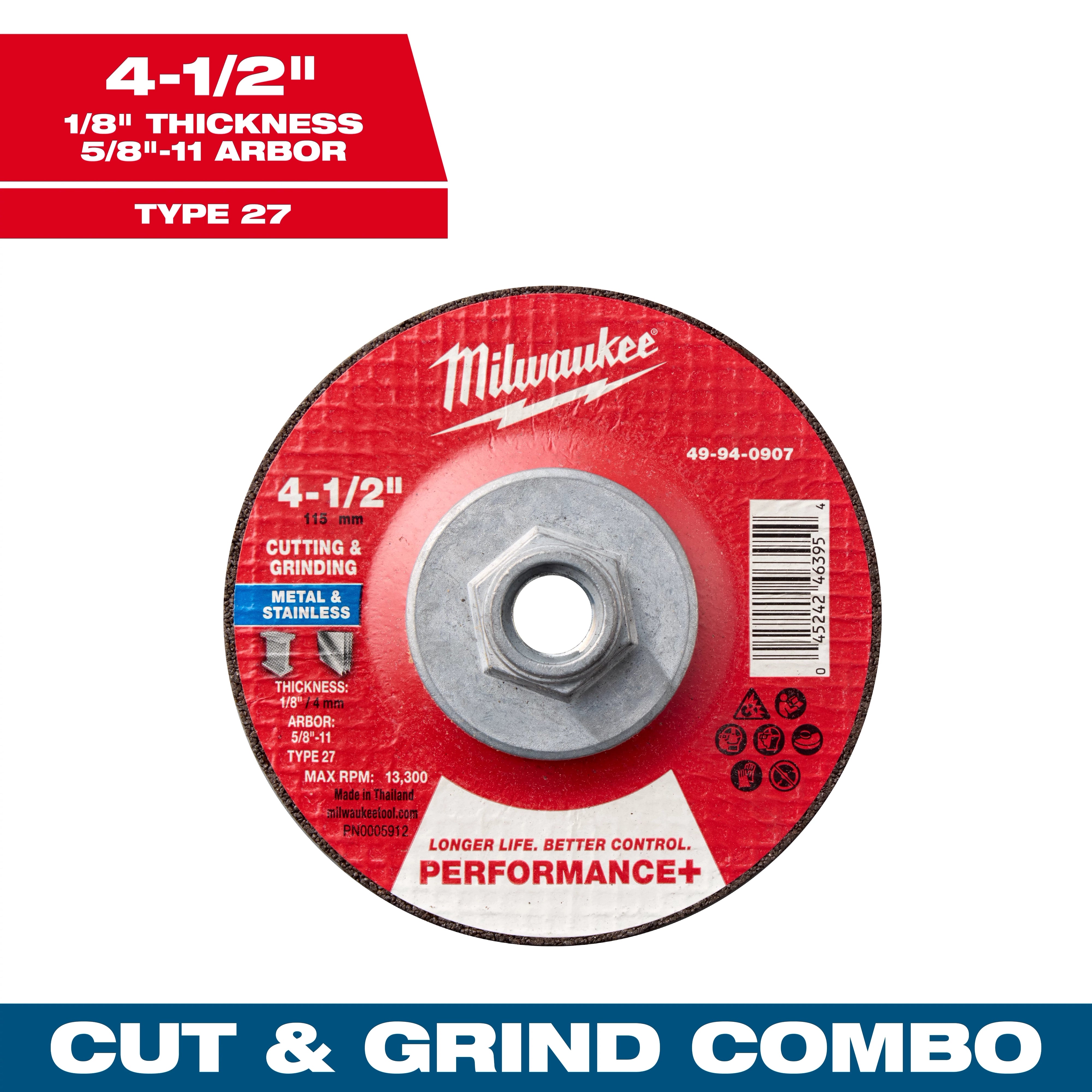 Milwaukee 49-94-0907 4-1/2" x 1/8" x 5/8-11" Performance+ Dual Metal Cut & Grind Wheel - Type 27
