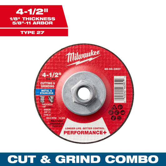 Milwaukee 49-94-0907 4-1/2" x 1/8" x 5/8-11" Performance+ Dual Metal Cut & Grind Wheel - Type 27
