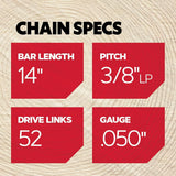 Oregon S52 AdvanceCut Chainsaw Chain for 14-Inch Bar - 52 Drive Links – low-kickback chain fits Dolmar, Ryobi, Echo and more , Grey