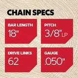 Oregon S62 AdvanceCut Chainsaw Chain for 18-Inch Bar, 62 Drive Links, low-kickback chain, fits Husqvarna, Echo, Poulan, Craftsman, Echo and more