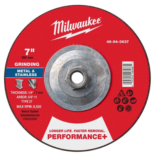 7" x 1/4" x 5/8"-11 Performance+ Metal Grinding Wheel, Type 27, for grinding metal and stainless, with max RPM 8,500.