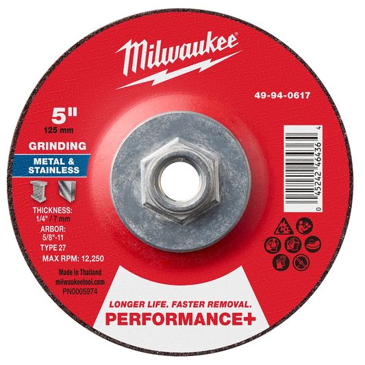Performance+ 5" x 1/4" x 5/8"-11 Metal Grinding Wheel, Type 27, for metal and stainless grinding. Red label with product details.