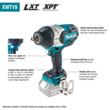 Makita XWT19Z 18V LXT Lithium Ion Brushless Cordless 3 Speed 1/2" Sq. Drive Impact Wrench w/ Detent Anvil, Tool Only