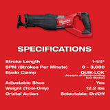 Milwaukee Tool, 2722-20, Reciprocating Saw, Brushless Motor; 1-1/4 in Stroke Length; 3000 SPM; Cordless