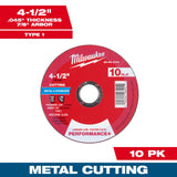Milwaukee 49-94-0101 4-1/2" x .045" x 7/8" Performance+ Metal Cut Off Wheel - Type 1 - 10pk