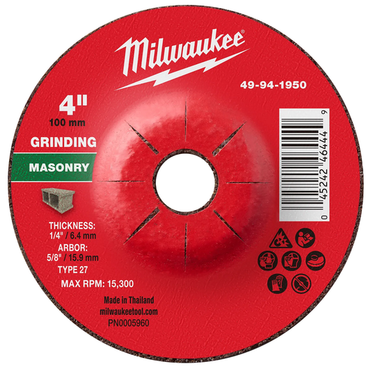 4" x 1/4" x 5/8" Masonry Grinding Wheel - Type 27 with center hole, showing specifications and safety icons, made in Thailand.