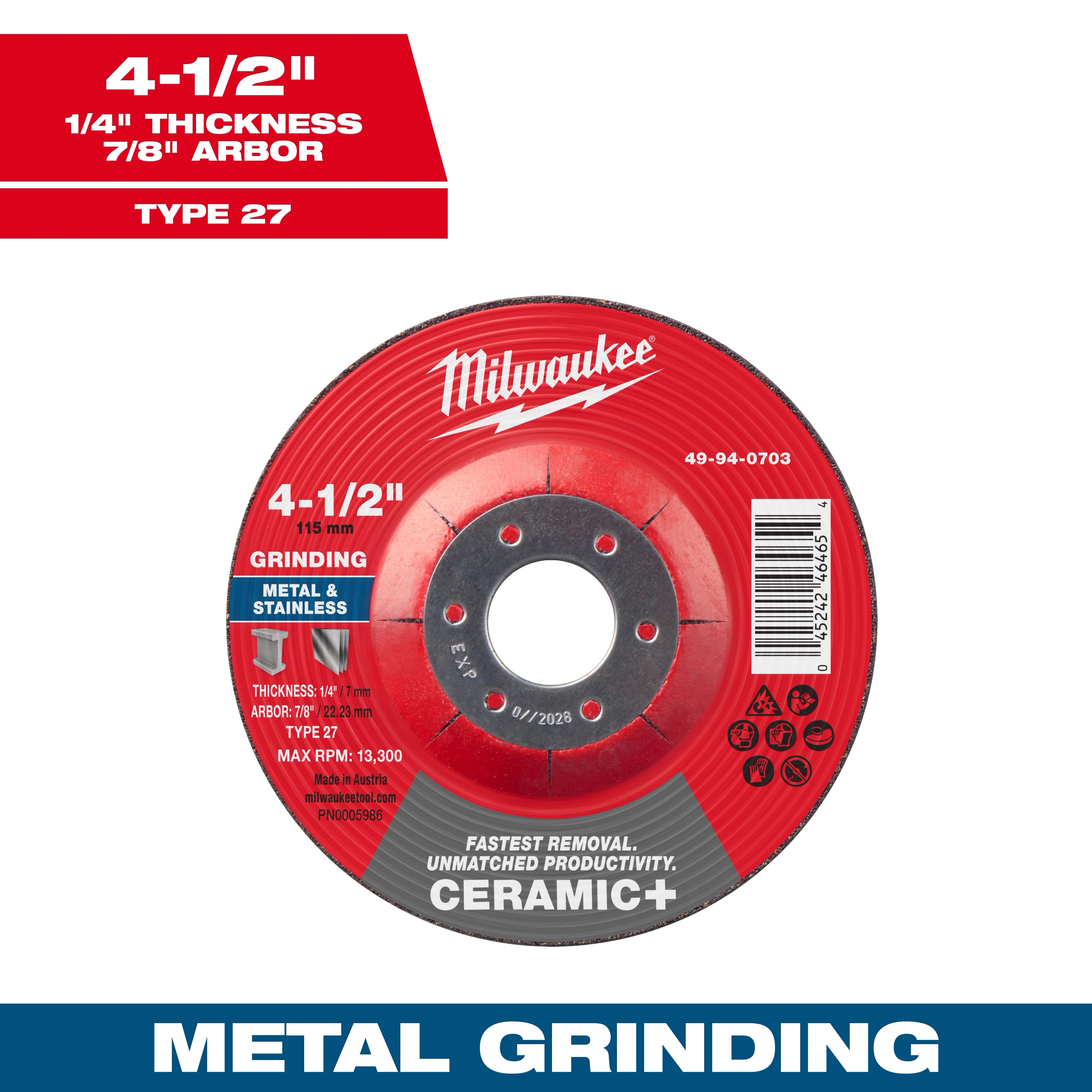 Milwaukee 49-94-0703 4-1/2" x 1/4" x 7/8" Ceramic+ Metal Grinding Wheel - Type 27