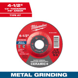 Milwaukee 49-94-0703 4-1/2" x 1/4" x 7/8" Ceramic+ Metal Grinding Wheel - Type 27