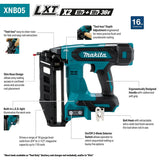 Makita XNB05Z 18V LXT® Lithium‑Ion Brushless Cordless 2‑1/2” Straight Finish Nailer, 16 Ga., Tool Only