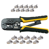 Klein Tools, VDV226817, Modular Installation Kit, Ratcheting Crimper/Stripper, 10 RJ11; 10 RJ45, 50 micro-inch Gold Plating