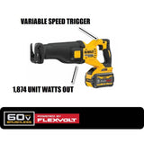 DEWALT, DCS389X1, Reciprocating Saw, 60V MAX; Brushless; 1-1/8 in Stroke Length; 3000 SPM; Includes 9 Ah Battery
