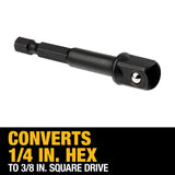 DEWALT, DW2542IRB, Socket Adapter, 1/4 in. Hex Shank, 3/8 in. Drive, Hardened Steel, 2,000 in-lb Torque