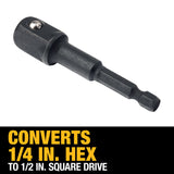 DEWALT, DW2547IRB, Socket Adapter, 1/4 in Hex Shank; 1/2 in Drive, 2,000 in-lb Torque, Hardened Steel