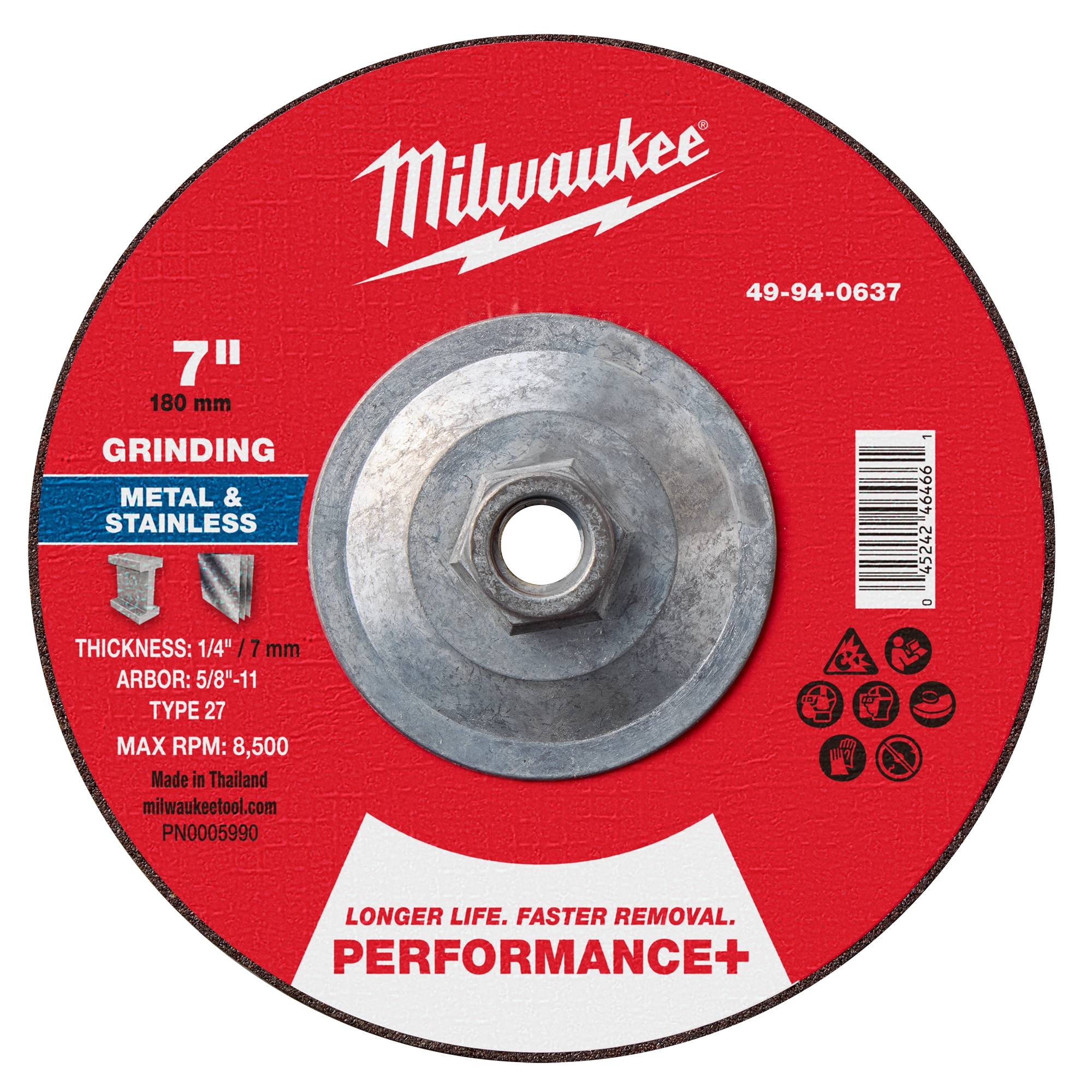 Milwaukee 49-94-0637 7" x 1/4" x 5/8"-11 Performance+ Metal Grinding Wheel - Type 27