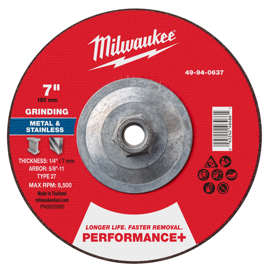 Milwaukee 49-94-0637 7" x 1/4" x 5/8"-11 Performance+ Metal Grinding Wheel - Type 27