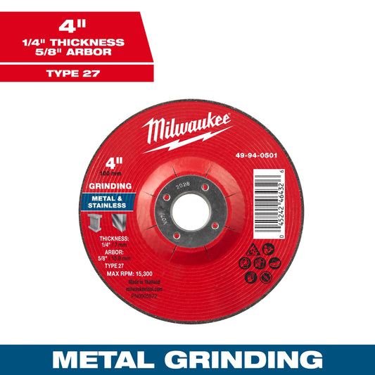 Milwaukee 49-94-0501 4" x 1/4" x 5/8" Metal Grinding Wheel - Type 27