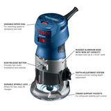 Bosch, GKF125CEN, Palm Router, 1.25 hp; 7 A, 16,000 to 35,000 RPM, Fixed Base