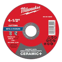 Milwaukee 49-94-0203 4-1/2" x .045" x 7/8" Ceramic+ Metal Cut Off Wheel - Type 1