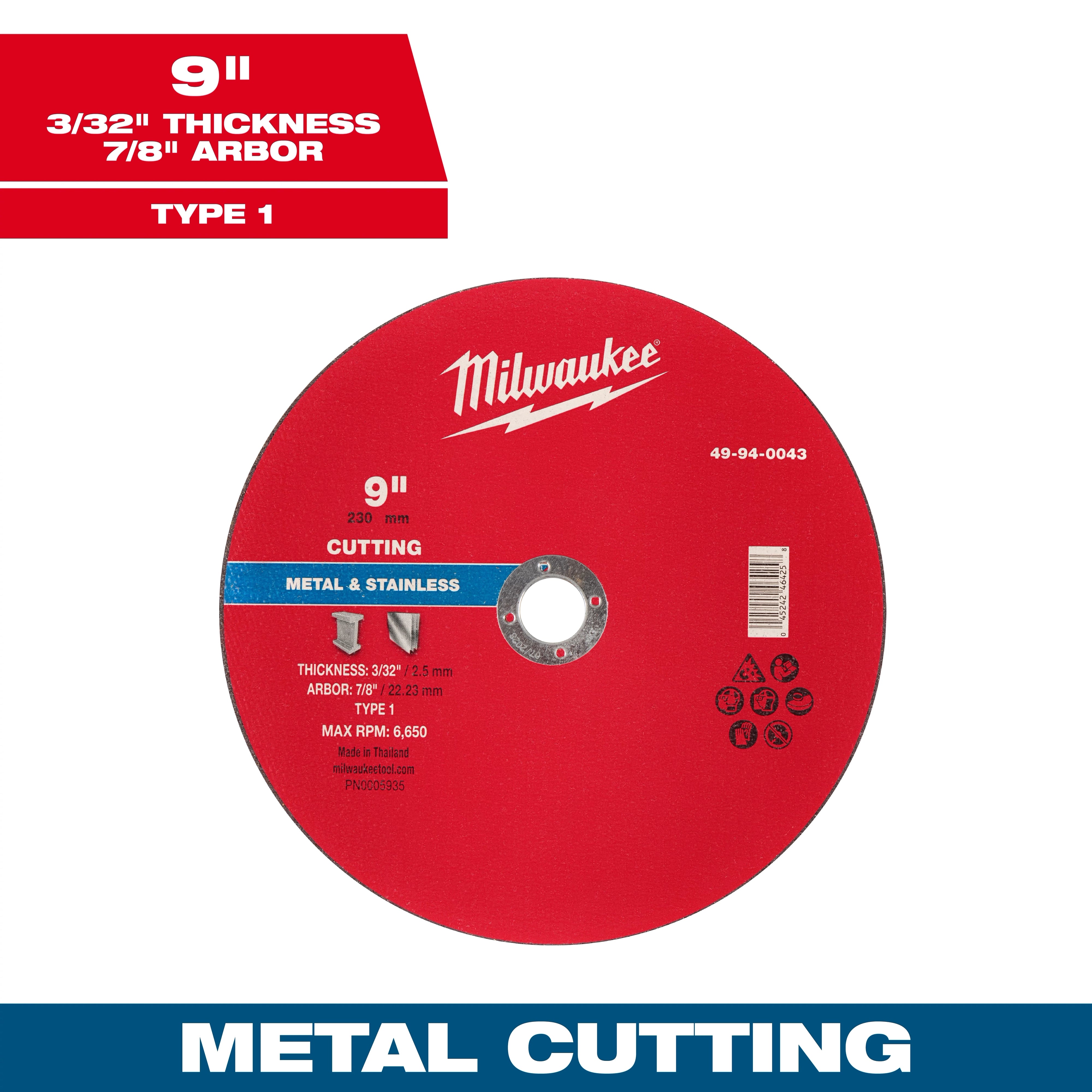 Milwaukee 49-94-0043 9" x 3/32" x 7/8" Metal Cut Off Wheel - Type 1