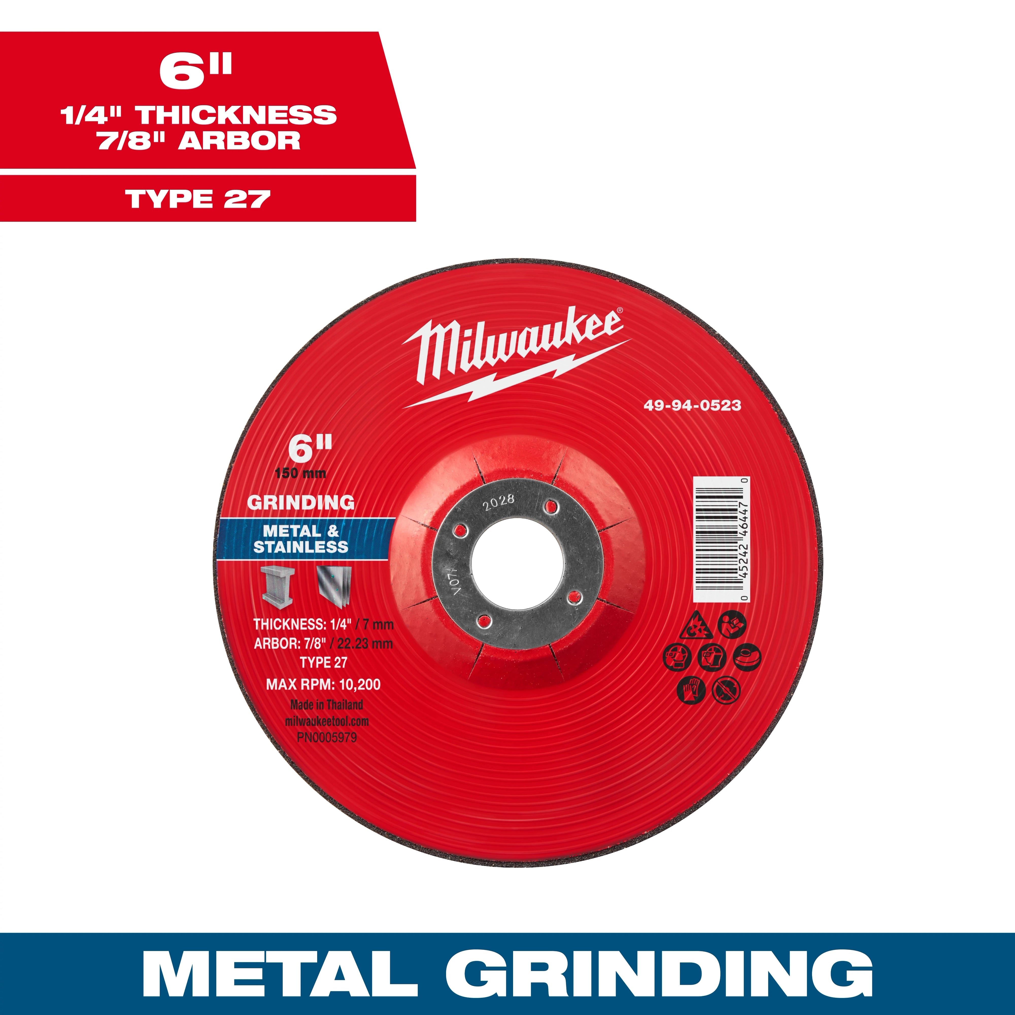 Milwaukee 49-94-0523 6" x 1/4" x 7/8" Metal Grinding Wheel - Type 27