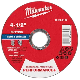 Milwaukee 49-94-0103 4-1/2" x .045" x 7/8" Performance+ Metal Cut Off Wheel - Type 1