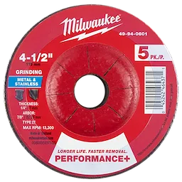 Milwaukee 49-94-0601 4-1/2" x 1/4" x 7/8" Performance+ Metal Grinding Wheel - Type 27 - 5pk