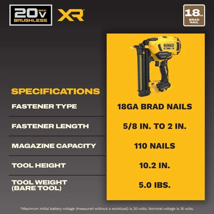 DEWALT 20V MAX XR 18 Gauge Brad Nailer (Bare Tool) DCN210B
