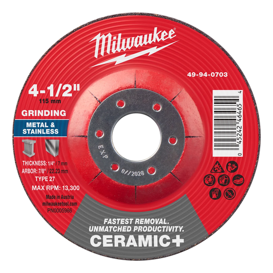 4-1/2" x 1/4" x 7/8" Ceramic+ Metal Grinding Wheel - Type 27. Red disc, labeled for metal and stainless grinding, max RPM 13,300.