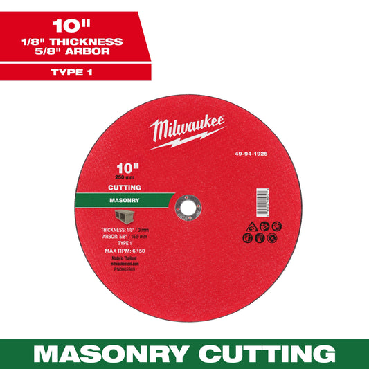 Milwaukee 49-94-1925 10" x 1/8" x 5/8" Masonry Cut Off Wheel -Type 1