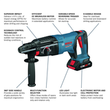 Bosch, GBH18V-26DK15, Cordless Rotary Hammer, 18 V; 1 In.; 1.9 Ft.-Lbs. Impact Energy; SDS-plus; 890 rpm