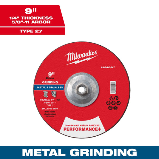 Milwaukee 49-94-0617 5" x 1/4" x 5/8-11" Performance+ Metal Grinding Wheel - Type 27