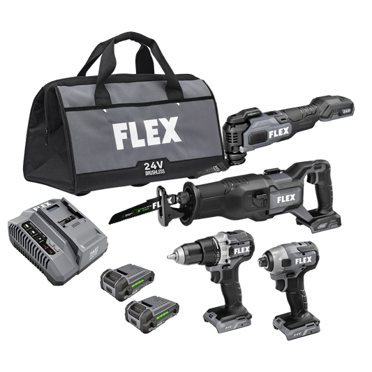 FLEX FXM404-2A Reciprocating Saw, Oscillating Multi-Tool, Drill Driver, and Impact Driver Kit