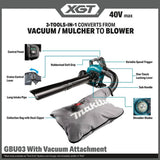 Makita GBU03ZV 40V max XGT Brushless Blower with Vacuum Attachment (Bare Tool)